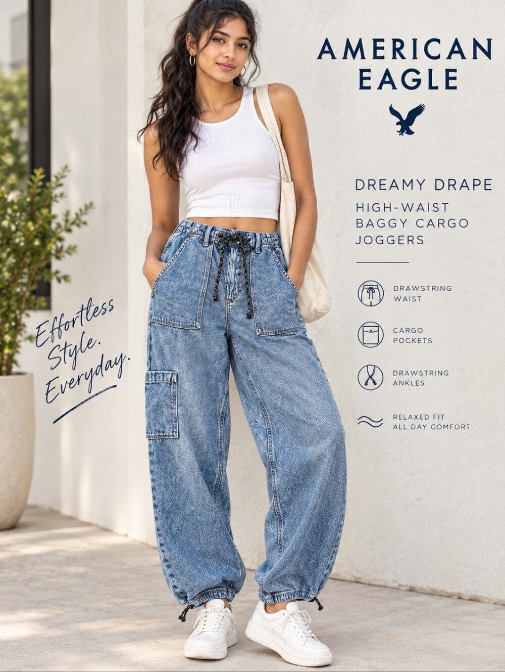 American Eagle Dreamy Drape Stretch Highwaisted Baggy Cargo Jogger Jeans Sz 6